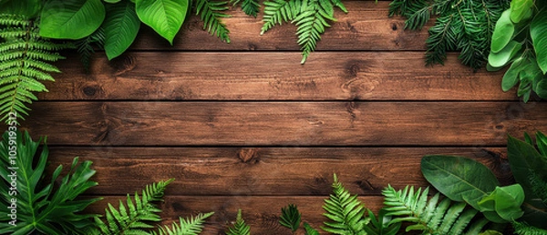 Fototapeta A lush arrangement of green leaves frames a rustic wooden plank background, creating a serene and natural atmosphere.