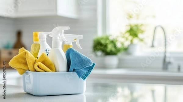 Fototapeta A caddy filled with cleaning supplies on a bright kitchen counter ready for spring cleaning tasks