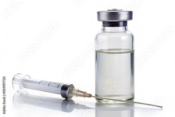 Obraz Clear glass vial with a white label and a grey syringe, isolated on white background