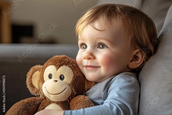 Fototapeta Toddler with a monkey plush, happy expression, sitting on a sofa, afternoon light, side angle 1