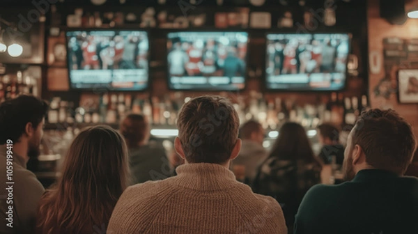 Fototapeta a group of diverse friends in a bar, pub watching the superbowl, American football game on TVs with a crowd cheering in background, after work, happy hour concept
