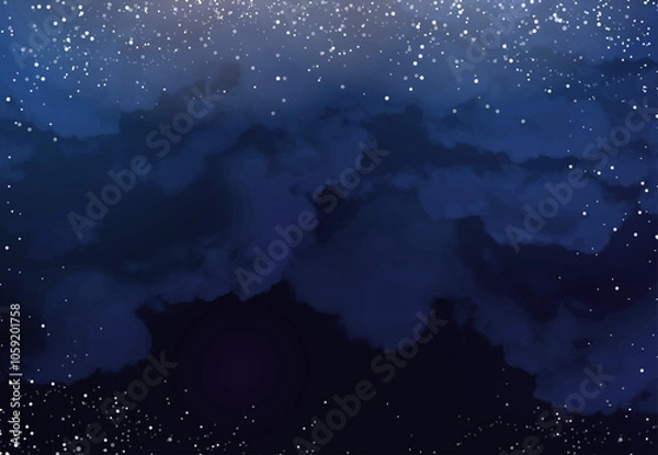 Obraz Magic night dark blue frame with sparkling glitter bokeh and light art. Square vector wedding card. Snow confetti and navy background.White scattered celestial dust. Fairytale magic star template