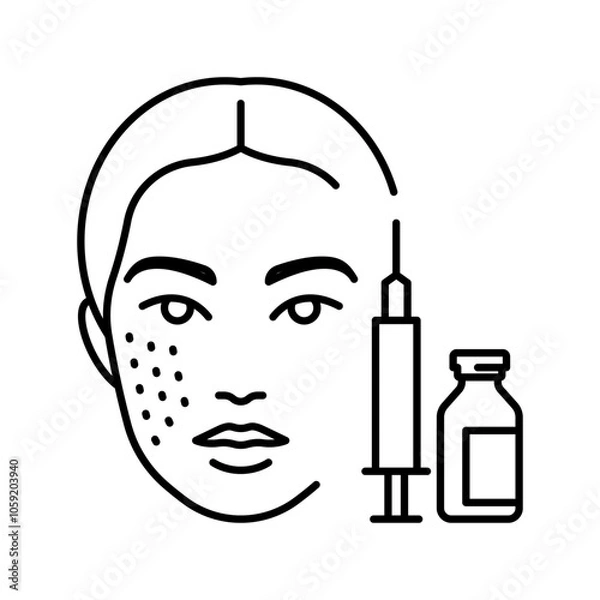 Obraz Mesotherapy line icon. Female face and a small syringe and an injection drug. Linear illustration, editable stroke. Minimalist pictogram for cosmetology, dermatology, anti-aging