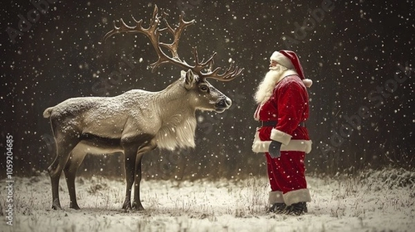 Fototapeta Santa with reindeer in snow-covered field