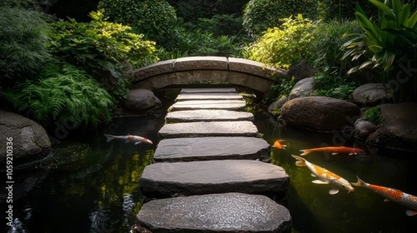 Fototapeta Serene stone pathway over water, surrounded by lush greenery and koi fish, creating a tranquil garden atmosphere.