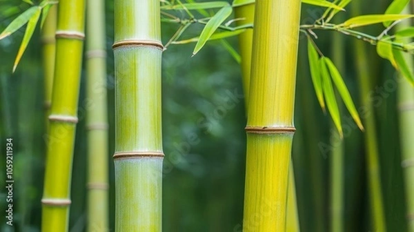 Fototapeta Close-up of vibrant green bamboo stalks against a blurred background, showcasing nature's beauty and tranquility.