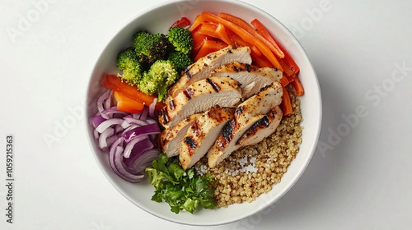 Fototapeta healthy chicken quinoa salad bowl with broccoli and red onion
