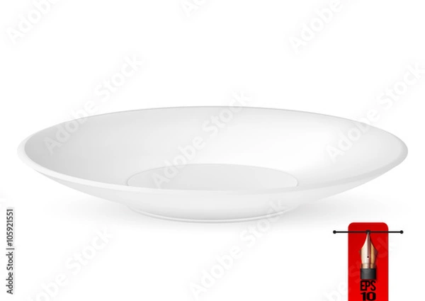 Fototapeta Vector illustration of empty white isolated plate. perspective view