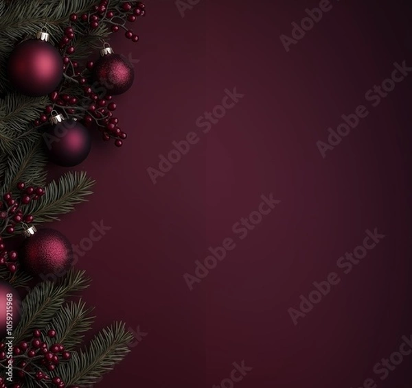 Fototapeta Burgundy solid christmas background with wine colored christmas ornaments on fir branches with berries on rich burgundy background with copy space