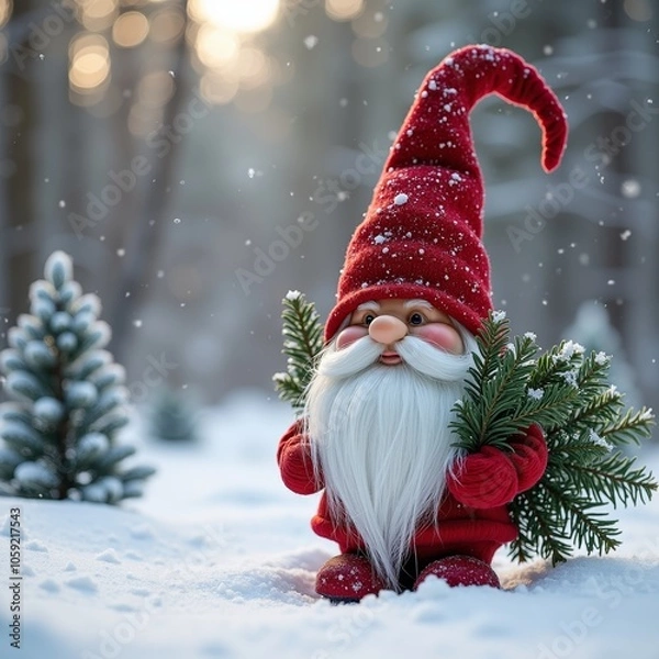 Fototapeta Christmas gnome with pine branch in snowy winter scene