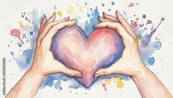 Obraz Splashing watercolor of hands forming a heart with multicolored splashes, Love and Acceptance, celebration of abilities