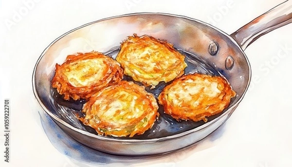 Obraz Splashing watercolor of latkes frying in a pan, with warm golden tones, Latke Tradition, Hanukkah comfort food