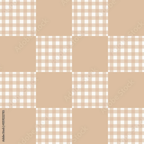 Fototapeta Seamless vector pattern with neutral beige patchwork cheater quilt with solid and gingham squares