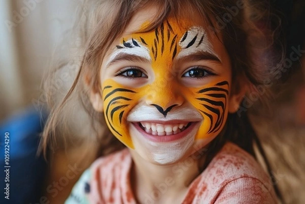 Fototapeta A child smiling with a face painted like a tiger, colorful face paint, close-up shot, indoors 3