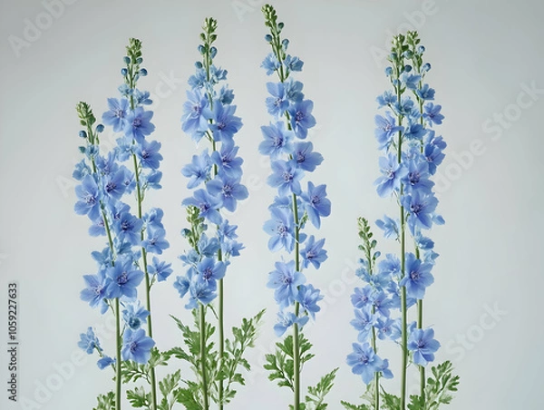 Fototapeta A bouquet of blue delphinium flowers arranged vertically against a light background.