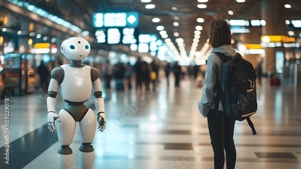 Fototapeta Solo traveler at an airport using an AI assistant to get travel safety tips, creating a secure and smooth journey