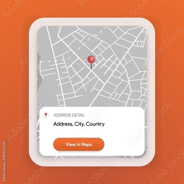 Fototapeta Location Card template. Find cafe, shop,  institution, facility, establishment on map. GPS geolocation ui mock-up. Share address details. View in google maps interface. Navigation Vector illustration