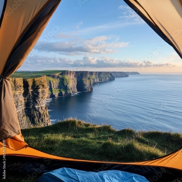 Fototapeta View from a tent overlooking majestic cliffs and ocean at sunrise, offering a serene and breathtaking outdoor camping experience.