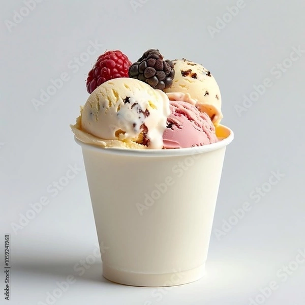 Fototapeta Ice cream in a white paper bowl. Mockup ice cream on white background 