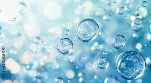 Fototapeta Translucent water droplets create a serene background with shimmering highlights in blue tones