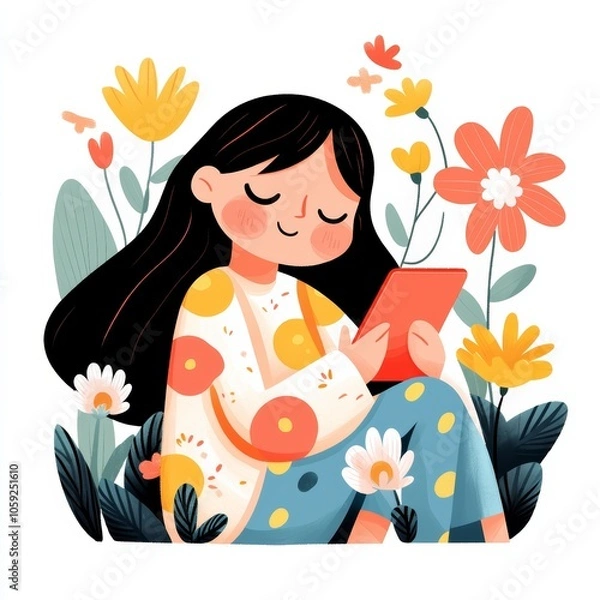 Fototapeta Illustration of a girl reading in a garden surrounded by colorful flowers, depicting peaceful relaxation and connection with nature.