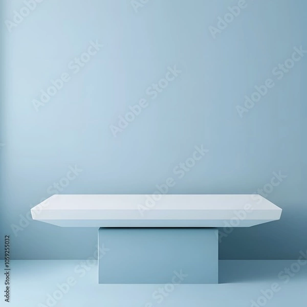 Fototapeta A 3D podium white rectangular table is balanced on the edge of an angled blue platform, in a minimalist style, with a solid color background, studio lighting, soft light, delicate texture, high satura