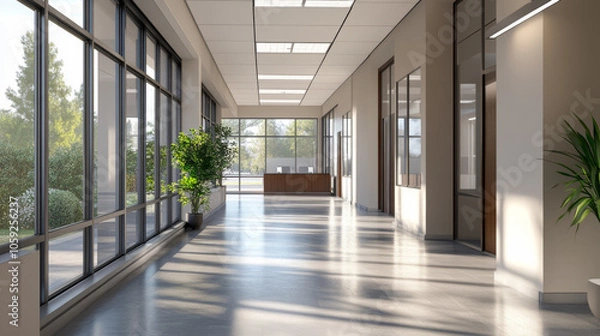 Obraz A modern office building with an empty hallway. The spacious office has big windows and bright lighting.