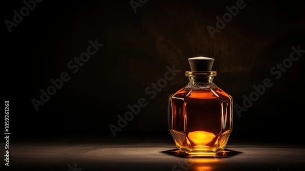 Obraz A small amber bottle glows warmly under soft, diffused light, evoking a sense of mystery and allure in the shadows.
