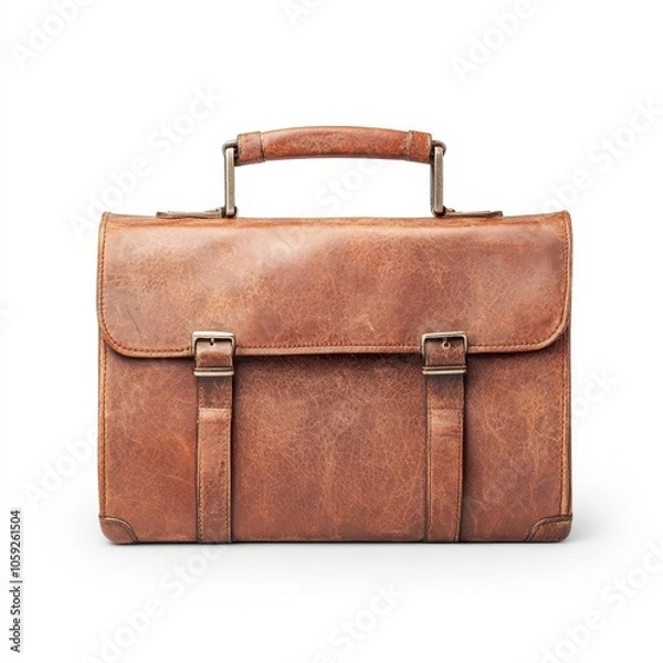 Obraz A vintage brown leather briefcase with a smooth texture and sturdy handle, featuring two buckle closures for secure storage.