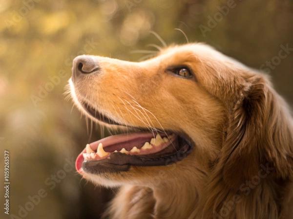 Fototapeta golden retriever dog portrait on green nature trees background isolated