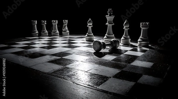 Obraz Dramatic lighting on chessboard with fallen king highlighting competitive themes