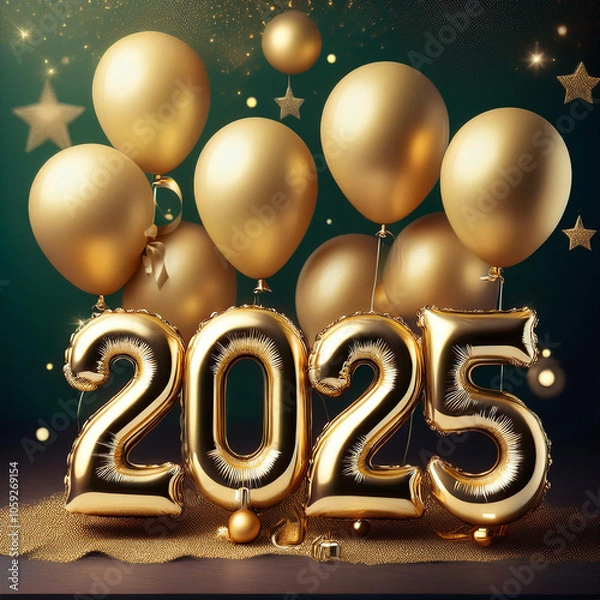 Obraz Gold Happy New Year 2025 message balloons with decoration party. symbolizes the start of the new year.