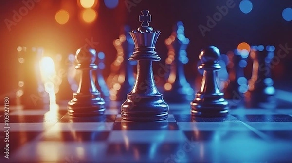 Fototapeta Close-up on chessboard with toppled king under intense lighting showing rivalry and strategy