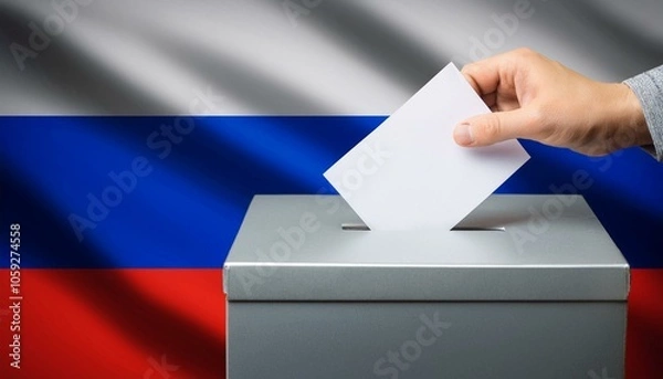 Fototapeta ロシアの国旗の背景と投票箱と投票する手。選挙。(Russian Federatio flag background and ballot box and hand voting. election.)
