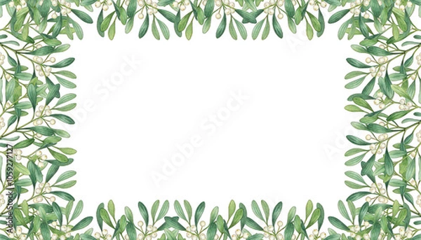 Fototapeta Green Watercolor Leaves with White Berries creating a Frame on a White Background