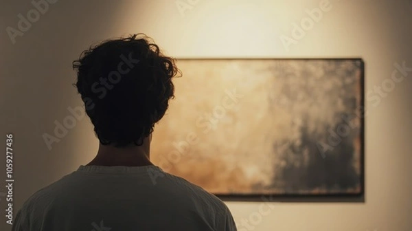 Obraz Close-up of a person studying a painting in a quiet gallery, with soft lighting that highlights the artwork's colors and texture against a minimalist background.