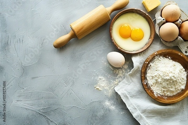 Fototapeta Baking ingredients and tools on concrete background for recipes.