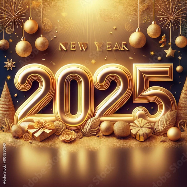 Obraz 3d gold 2025 happy new year on Isolated transparent background png. generated with AI