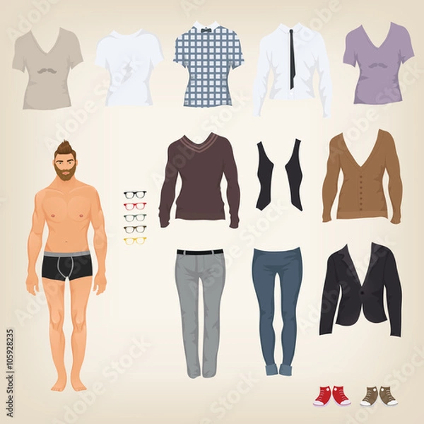 Fototapeta Vector hipster dress up doll with an assortment of hipster cloth