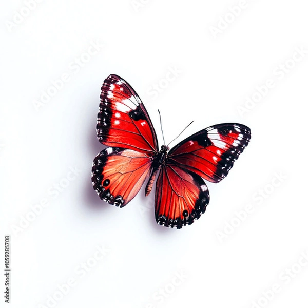Fototapeta vibrant red butterfly with black and white patterns, isolated on white background, showcasing its delicate wings and intricate details