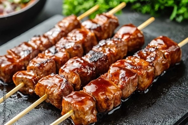 Obraz Delicious skewers of grilled meat glazed with savory sauce on a black platter. Generative AI
