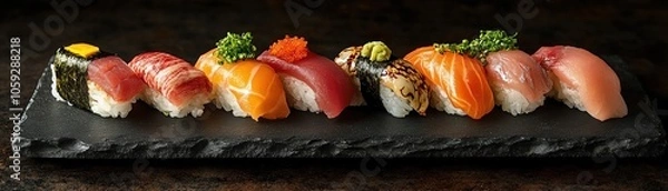 Fototapeta Assorted sushi nigiri on slate platter, dark textured surface, fresh garnishes, soft natural side lighting