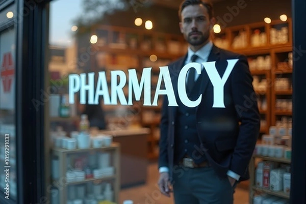 Fototapeta A well-dressed man stands outside a pharmacy, reflecting on the bustling activity inside during early evening hours