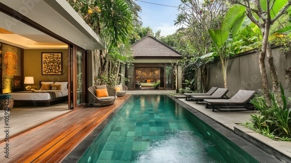 Fototapeta Swimming pool with a wood deck in a private villa, stylish lounge chairs nearby, creating a serene and exclusive setting, no people.