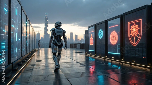 Fototapeta Futuristic Cityscape with Robot and Digital Billboards