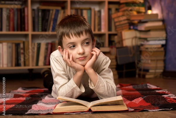 Fototapeta Thoughtful boy lying on a plaid blanket in a cozy library, daydreaming with an open book, surrounded by warm atmosphere and stacks of books.