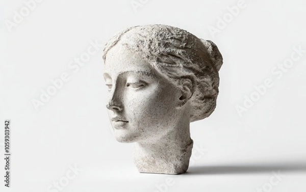 Fototapeta Minimalist presentation of one plaster copy of an ancient Venus statue's head, isolated on a pure white background; the simplicity of the scene highlights the statue's elegance and timelessness