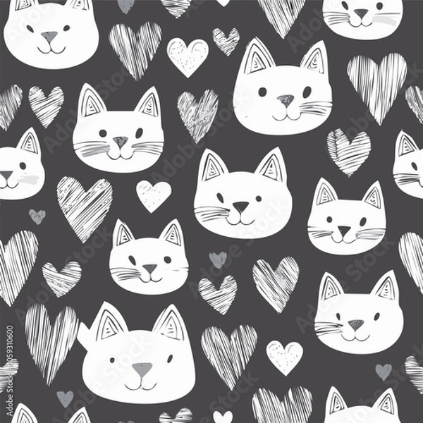 Fototapeta Cute Hand Drawn Cat Seamless Pattern