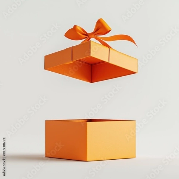 Fototapeta Floating orange gift box with ribbon: creative and minimalist design concept