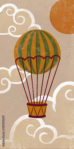 Fototapeta Vintage Hot Air Balloon in Rustic Sky with Clouds and Sun